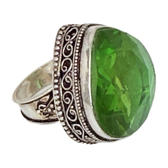 925 Sterling Silver Green Crystal Large Statement Ring Sz 8.5 Turkish Ethnic - Picture 2 of 16